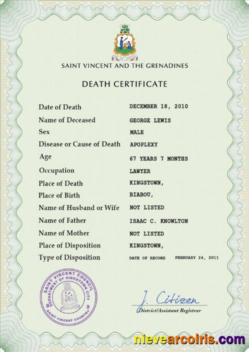 Saint Vincent and the Grenadines death certificate